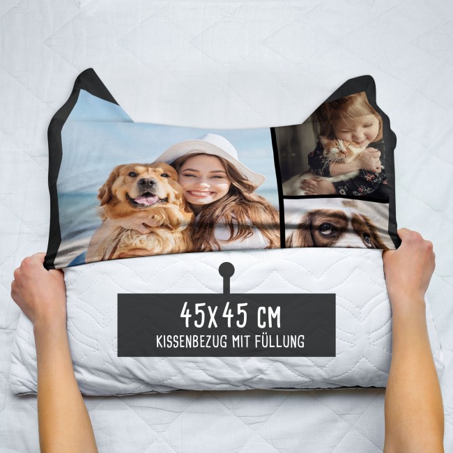 Satin-Kissen mit Fotocollage f&uuml;r 4 Fotos - Schwarz