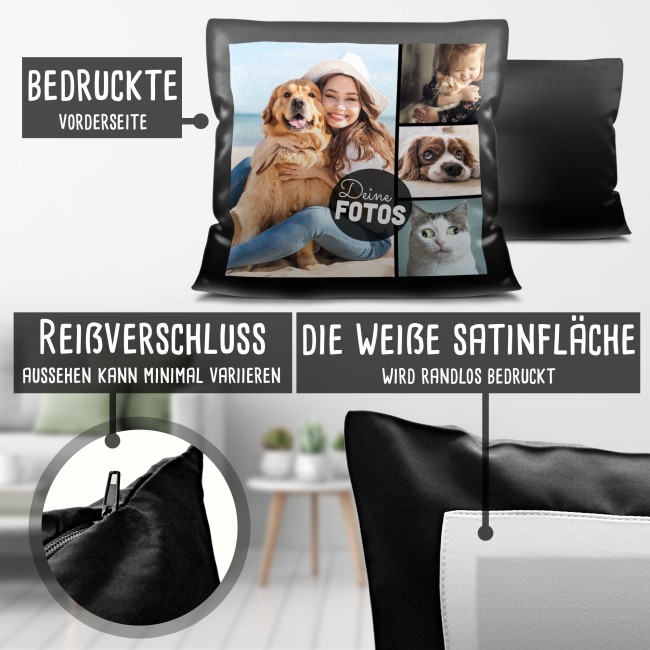 Satin-Kissen mit Fotocollage f&uuml;r 4 Fotos - Schwarz