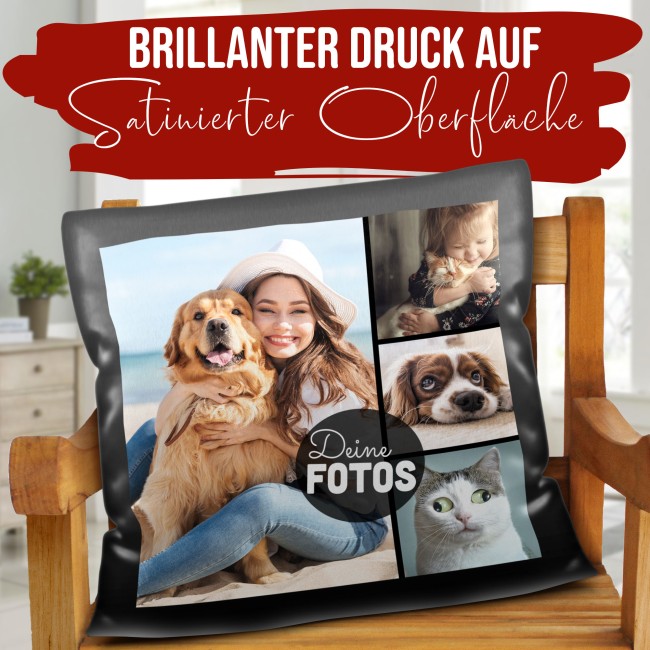 Satin-Kissen mit Fotocollage f&uuml;r 4 Fotos - Schwarz