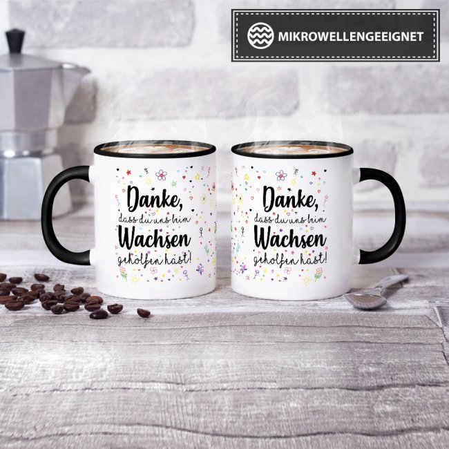 Tasse f&uuml;r Erzieher - Danke, dass Du uns beim Wachsen geholfen hast - Innen &amp; Henkel Schwarz