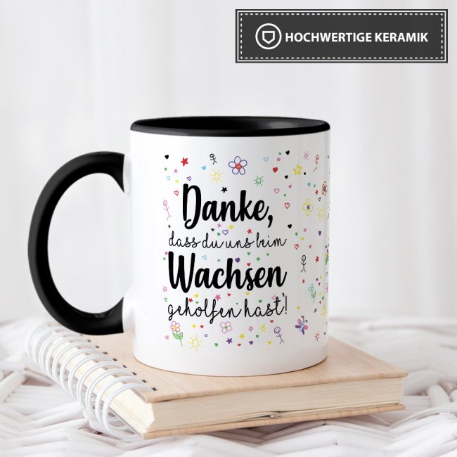 Tasse f&uuml;r Erzieher - Danke, dass Du uns beim Wachsen geholfen hast - Innen &amp; Henkel Schwarz