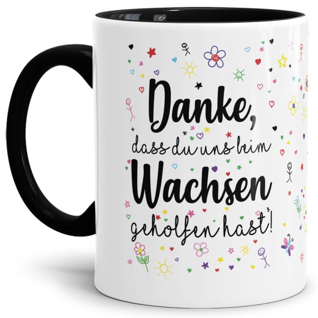 Tasse f&uuml;r Erzieher - Danke, dass Du uns beim Wachsen geholfen hast - Innen &amp; Henkel Schwarz