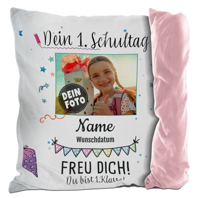 Kissen - Dein 1. Schultag - mit Name, Foto und Datum - R&uuml;ckseite Rosa