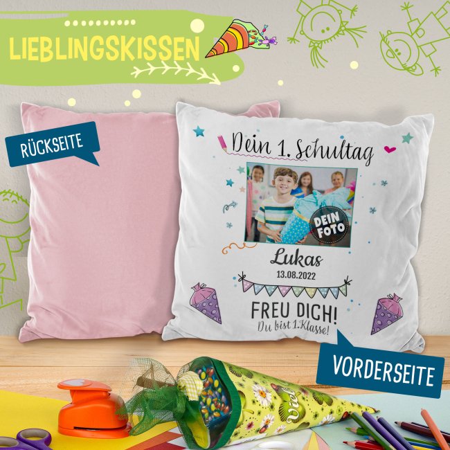 Kissen - Dein 1. Schultag - mit Name, Foto und Datum - R&uuml;ckseite Rosa