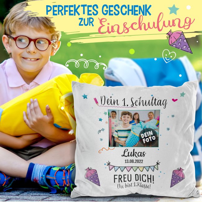 Kissen - Dein 1. Schultag - mit Name, Foto und Datum - R&uuml;ckseite Rosa