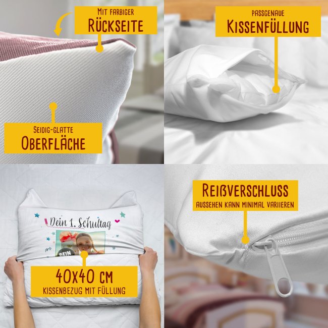 Kissen - Dein 1. Schultag - mit Name, Foto und Datum - R&uuml;ckseite Rosa