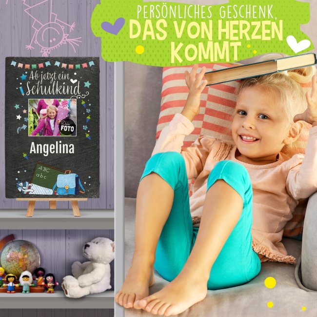 Schieferplatte - Ab jetzt ein Schulkind mit Foto und Name - 30 x 20 cm - inkl. Staffelei