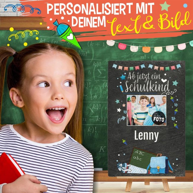 Schieferplatte - Ab jetzt ein Schulkind mit Foto und Name - 30 x 20 cm - inkl. Staffelei