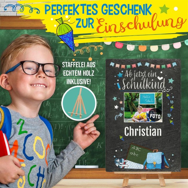 Schieferplatte - Ab jetzt ein Schulkind mit Foto und Name - 30 x 20 cm - inkl. Staffelei