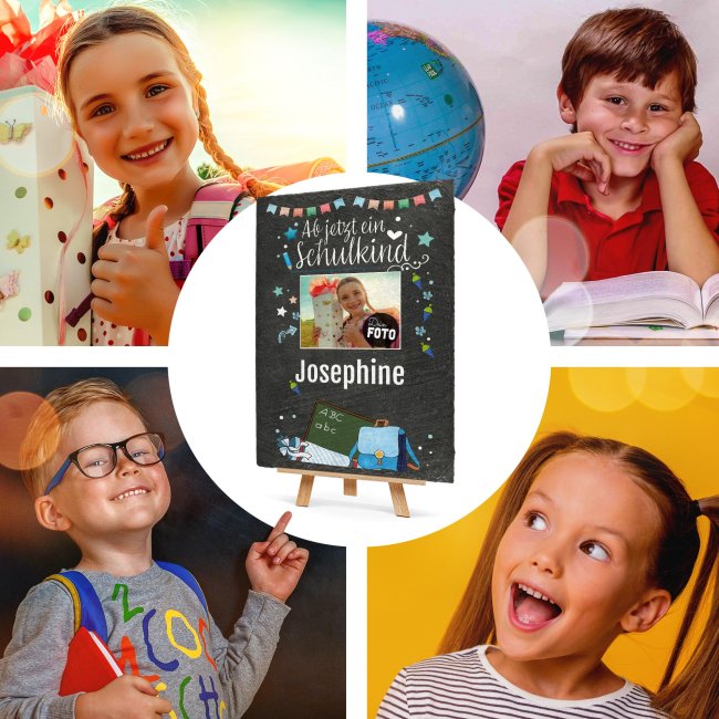 Schieferplatte - Ab jetzt ein Schulkind mit Foto und Name - 30 x 20 cm - inkl. Staffelei