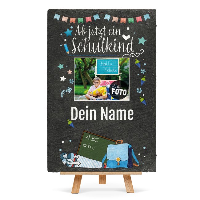 Schieferplatte - Ab jetzt ein Schulkind mit Foto und Name - 30 x 20 cm - inkl. Staffelei