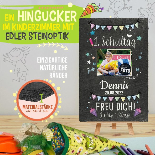 Schieferplatte - Dein 1. Schultag - mit Name, Foto und Datum - 30 x 20 cm - inkl. Staffelei