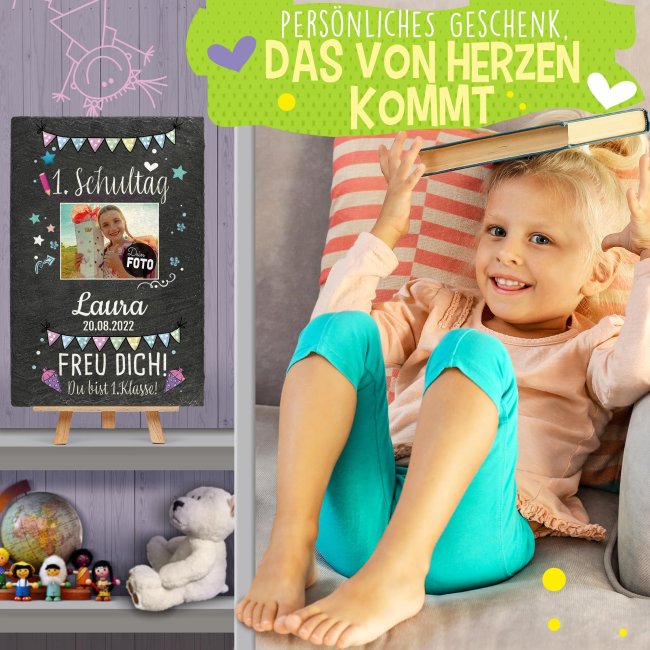 Schieferplatte - Dein 1. Schultag - mit Name, Foto und Datum - 30 x 20 cm - inkl. Staffelei