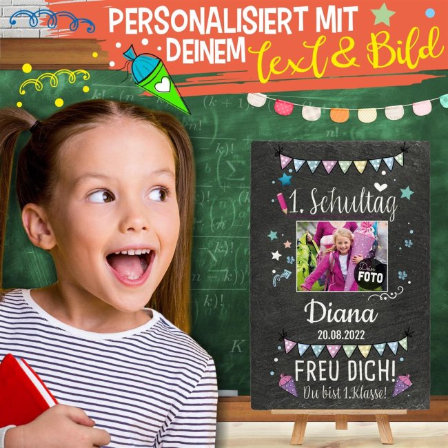 Schieferplatte - Dein 1. Schultag - mit Name, Foto und Datum - 30 x 20 cm - inkl. Staffelei