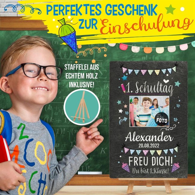 Schieferplatte - Dein 1. Schultag - mit Name, Foto und Datum - 30 x 20 cm - inkl. Staffelei