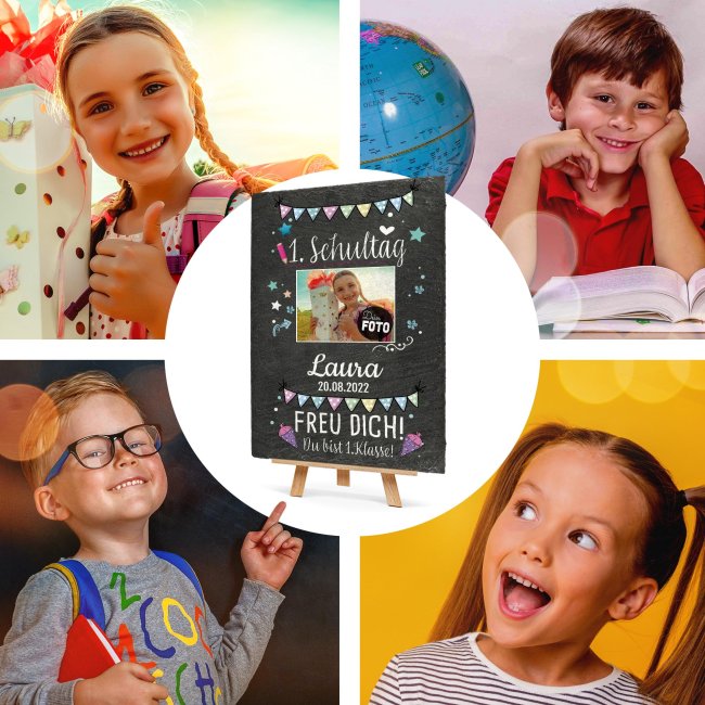 Schieferplatte - Dein 1. Schultag - mit Name, Foto und Datum - 30 x 20 cm - inkl. Staffelei