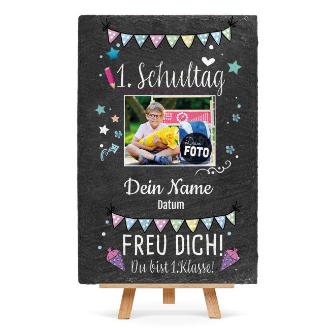 Schieferplatte - Dein 1. Schultag - mit Name, Foto und Datum - 30 x 20 cm - inkl. Staffelei