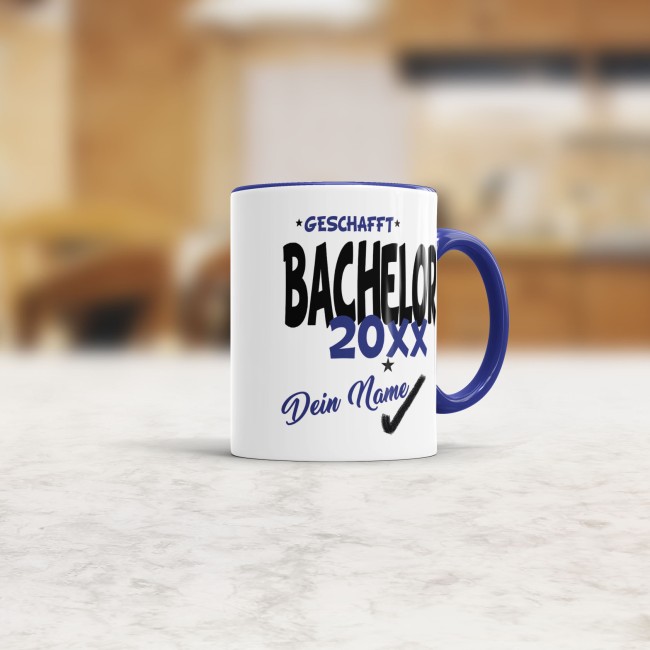 Tasse - Bachelor geschafft 20XX - mit Wunschname - Dunkelblau