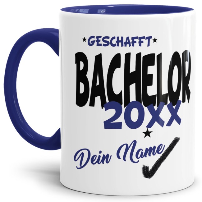 Tasse - Bachelor geschafft 20XX - mit Wunschname - Dunkelblau