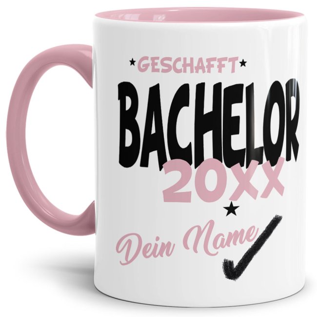 Tasse - Bachelor geschafft 20XX - mit Wunschname - Rosa