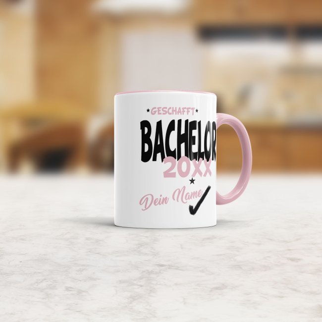 Tasse - Bachelor geschafft 20XX - mit Wunschname - Rosa