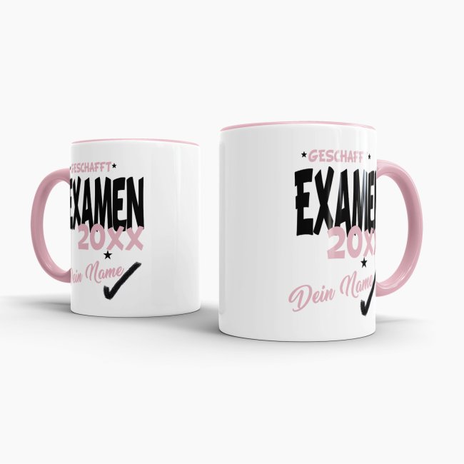 Tasse - Examen geschafft 20XX - mit Wunschname - Rosa