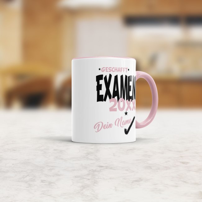 Tasse - Examen geschafft 20XX - mit Wunschname - Rosa
