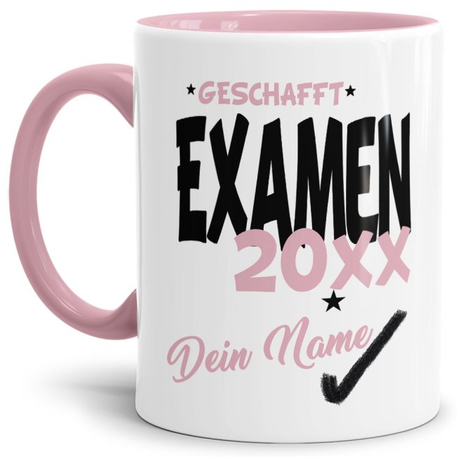 Tasse - Examen geschafft 20XX - mit Wunschname - Rosa