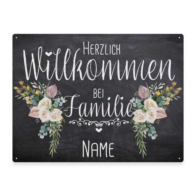 Outdoorschild - Herzlich Willkommen bei Familie - Name - Blumen-Motiv - 21 x 15 cm