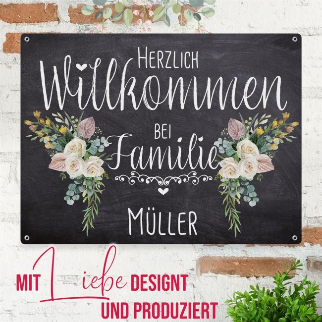 Outdoorschild - Herzlich Willkommen bei Familie - Name - Blumen-Motiv - 21 x 15 cm