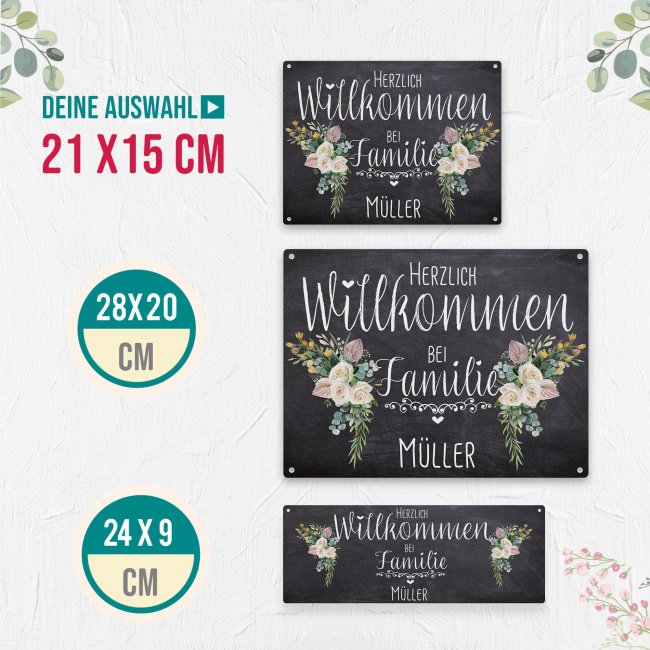Outdoorschild - Herzlich Willkommen bei Familie - Name - Blumen-Motiv - 21 x 15 cm