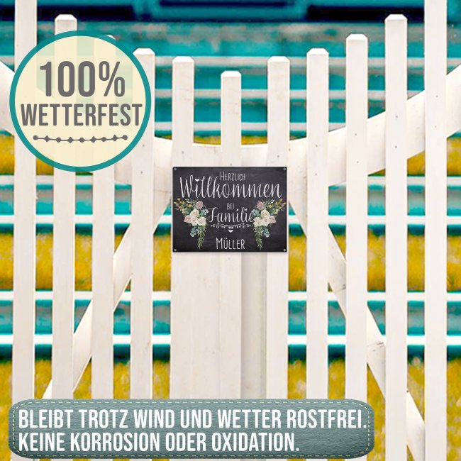 Outdoorschild - Herzlich Willkommen bei Familie - Name - Blumen-Motiv - 21 x 15 cm