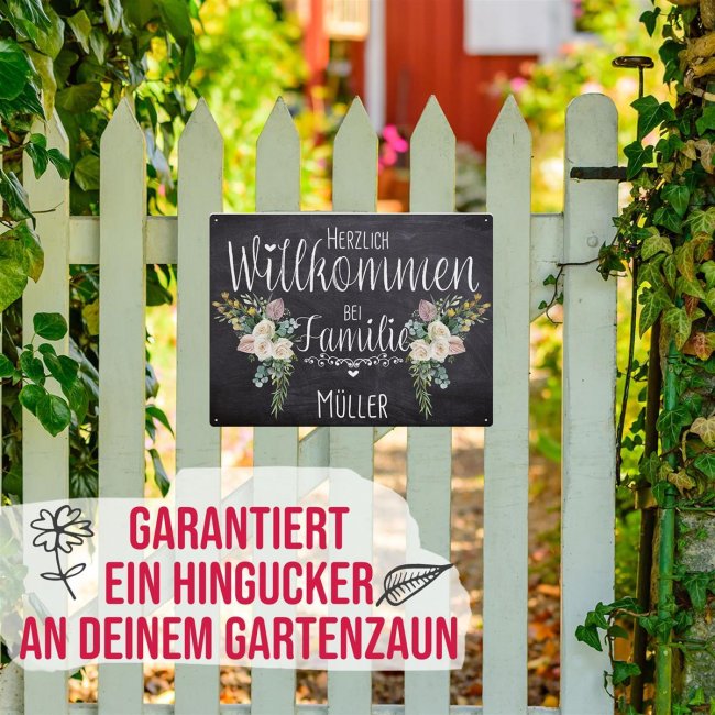 Outdoorschild - Herzlich Willkommen bei Familie - Name - Blumen-Motiv - 21 x 15 cm
