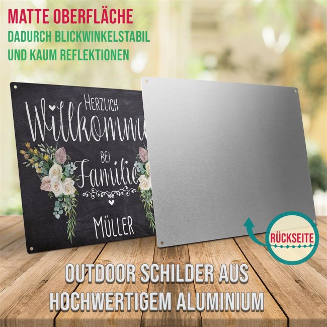 Outdoorschild - Herzlich Willkommen bei Familie - Name - Blumen-Motiv - 21 x 15 cm