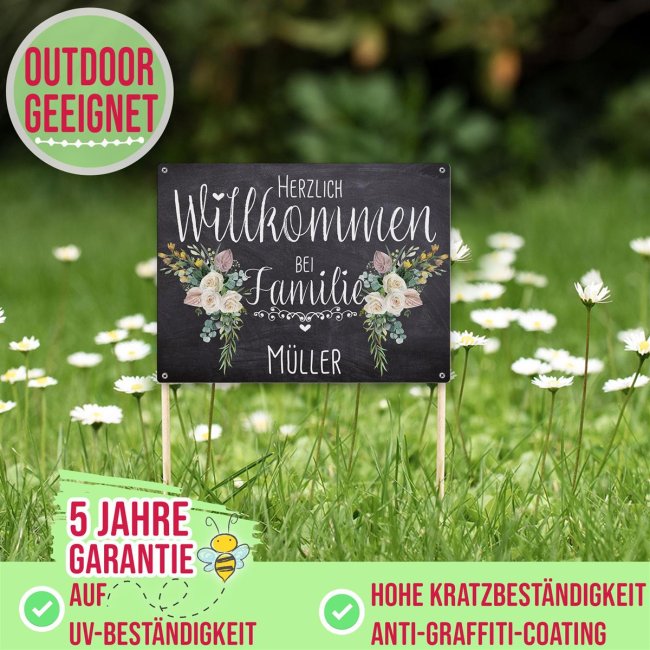 Outdoorschild - Herzlich Willkommen bei Familie - Name - Blumen-Motiv - 21 x 15 cm