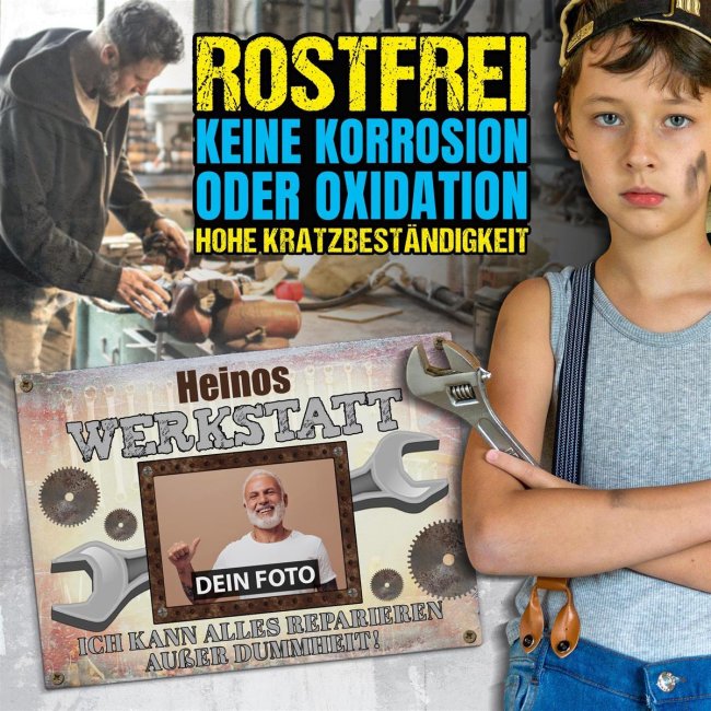 Werkstattschild mit Name und Foto - Kann alles reparieren