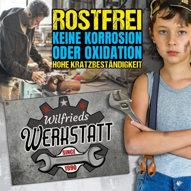 Outdoorschild - Name - Werkstatt since - Datum - 21 x 15 cm