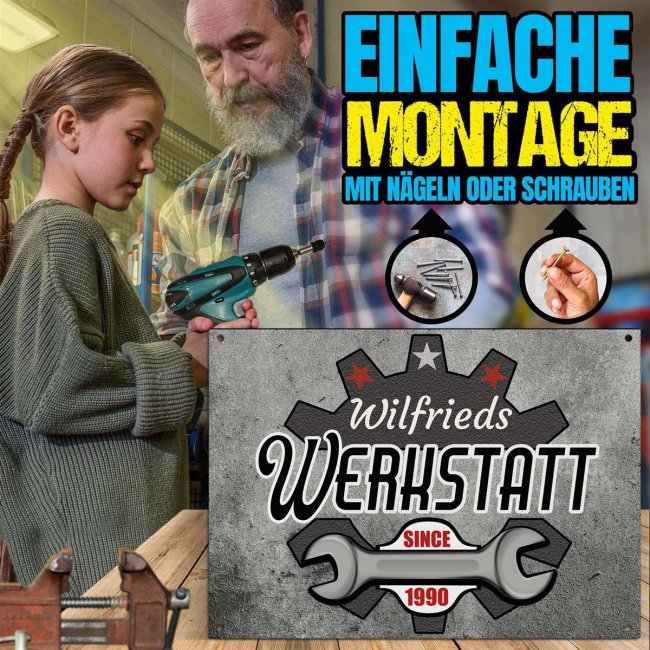 Outdoorschild - Name - Werkstatt since - Datum - 21 x 15 cm