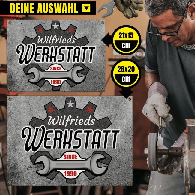 Outdoorschild - Name - Werkstatt since - Datum - 21 x 15 cm