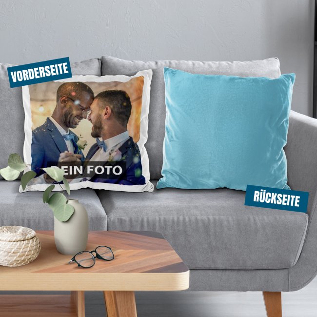 Fotokissen flauschig-weich - R&uuml;ckseite Hellblau - mit F&uuml;llung