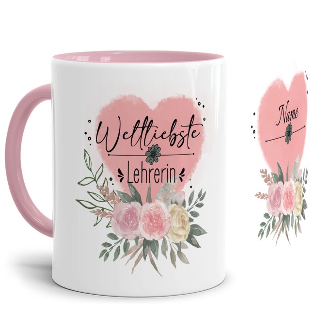 Personalisierbare Lehrer Tasse - Weltliebste Lehrerin - mit Name - Innen &amp; Henkel Rosa