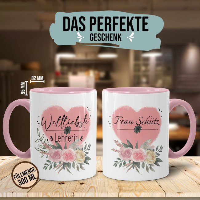 Personalisierbare Lehrer Tasse - Weltliebste Lehrerin - mit Name - Innen &amp; Henkel Rosa