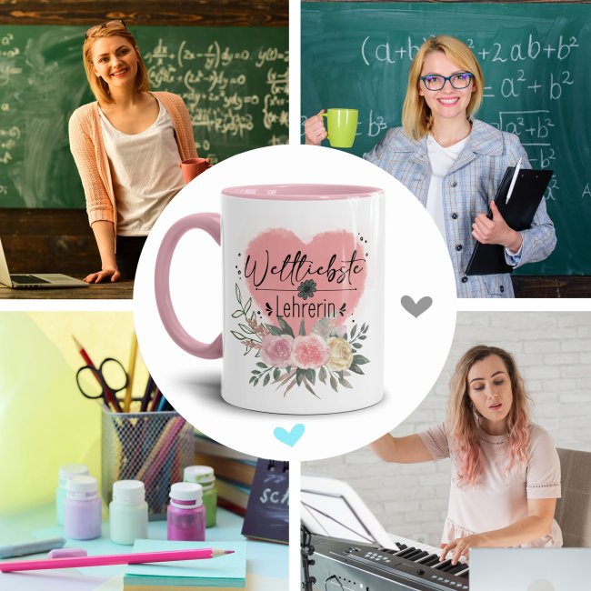 Personalisierbare Lehrer Tasse - Weltliebste Lehrerin - mit Name - Innen &amp; Henkel Rosa