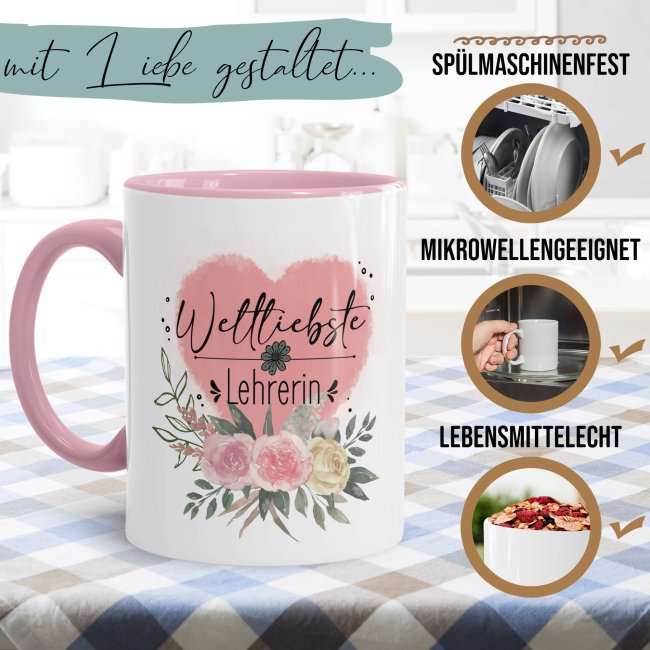 Personalisierbare Lehrer Tasse - Weltliebste Lehrerin - mit Name - Innen &amp; Henkel Rosa