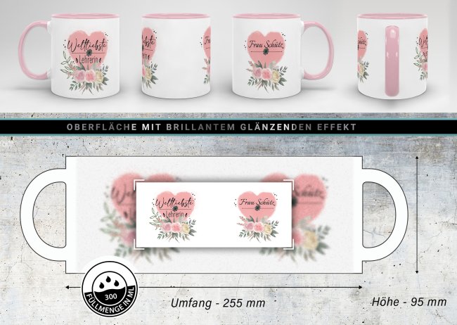 Personalisierbare Lehrer Tasse - Weltliebste Lehrerin - mit Name - Innen &amp; Henkel Rosa