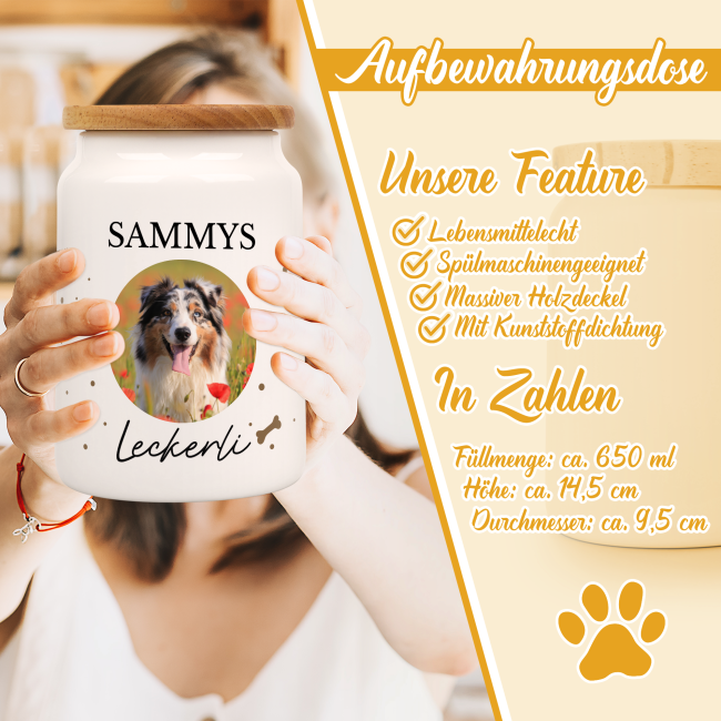 Keramikdose f&uuml;r Hunde mit Spruch - Leckerli - mit Foto &amp; Name