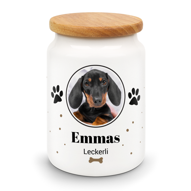 Keramikdose mit Pfote f&uuml;r Hunde mit Spruch - Leckerli - mit Foto &amp; Name