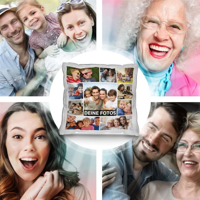Kissen mit Fotocollage f&uuml;r 10 Fotos - Pastellgrau
