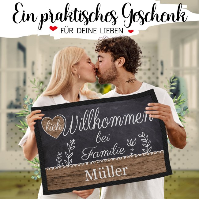 Fu&szlig;matte mit Name - Herzlich Willkommen - Rustikal - 60 x 40 cm
