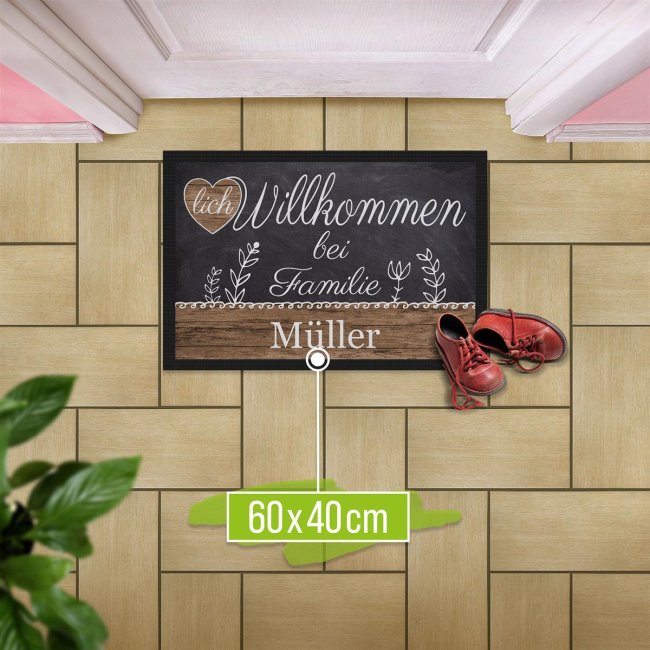 Fu&szlig;matte mit Name - Herzlich Willkommen - Rustikal - 60 x 40 cm